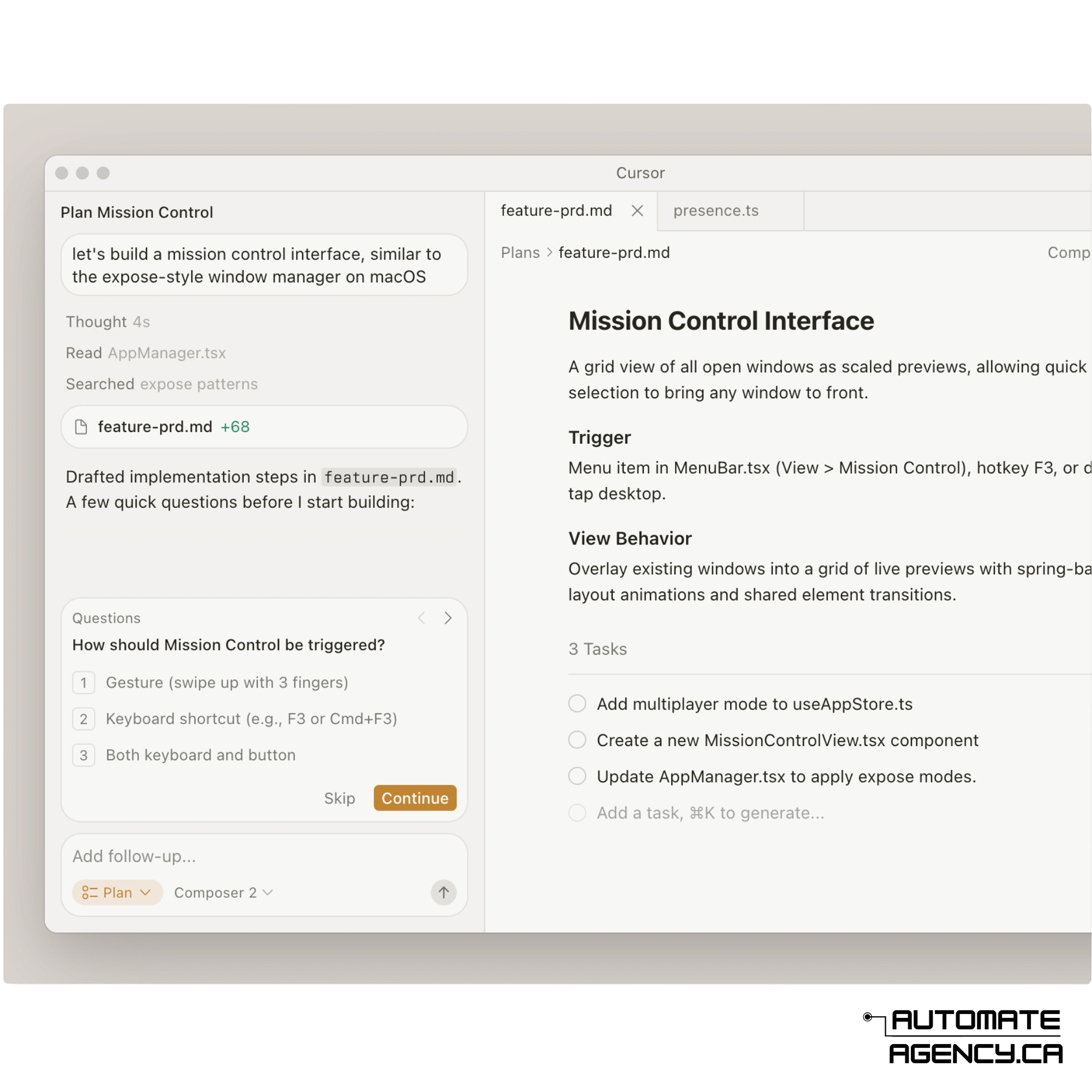 Automate Agency AI writing console for drafting, reviewing, and refining business content